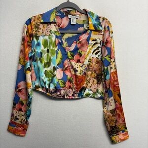 Rachel Zoe Floral Cropped Surplice Collared Blouse S Long Sleeve